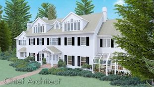 The front perspective view of great white colonial wonder is regal in its simplicity; black shutters, a glass solarium on the side and skirted with juniper shrubs adds icing.