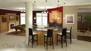 Creating a great entertaining space in a basement is easy; just add a circular wine bar, billiards, and comfortable seating area.