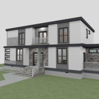 Two-story home design with large windows, white siding and custom brick work.
