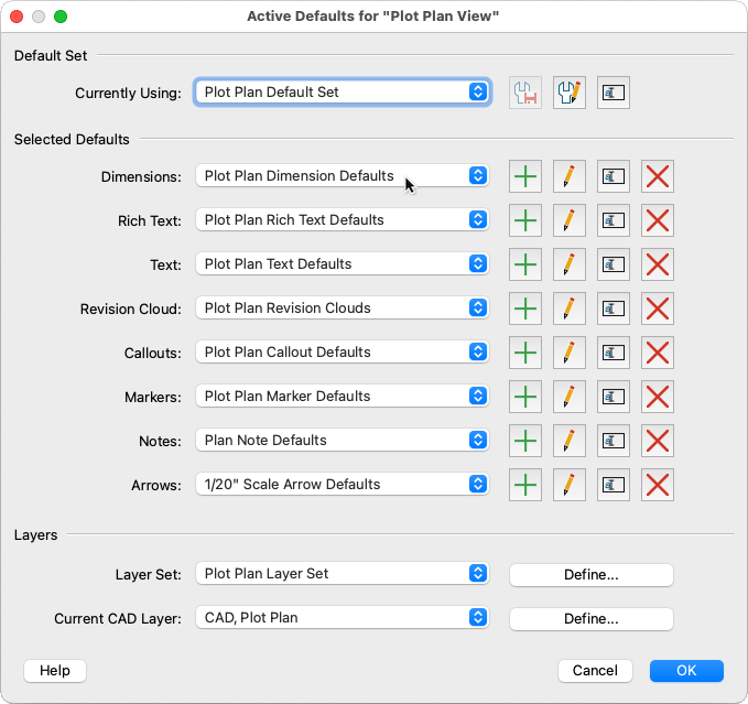 Cursor over Dimensions drop down menu in Active Defaults dialog