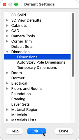 Dimensions selected in the Default Settings dialog