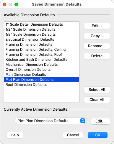 Plan Dimension Defaults selected in Saved Dimension Defaults dialog