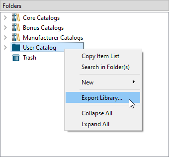 Right-click on the User Catalog and choose Export Library
