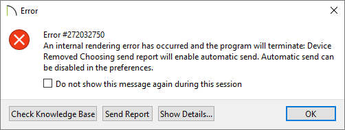 Error message that may occur in Chief Architect Internal rendering error: device removed