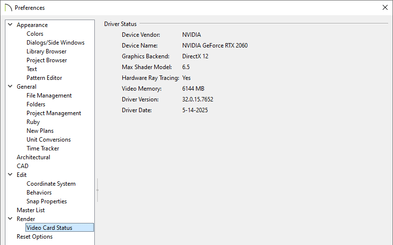 Video Card Status panel of the Preferences dialog