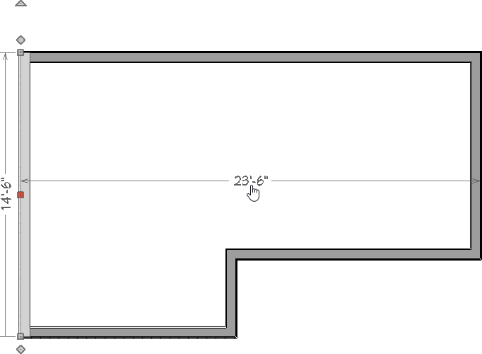 A pointing hand indicates an editable dimension for the selected wall