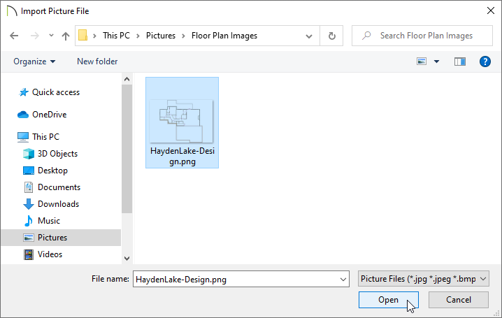 Import Picture File dialog with an image selected
