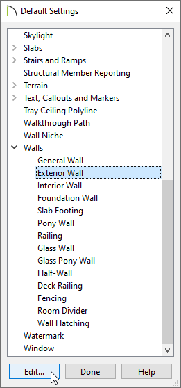 Exterior Wall default is selected