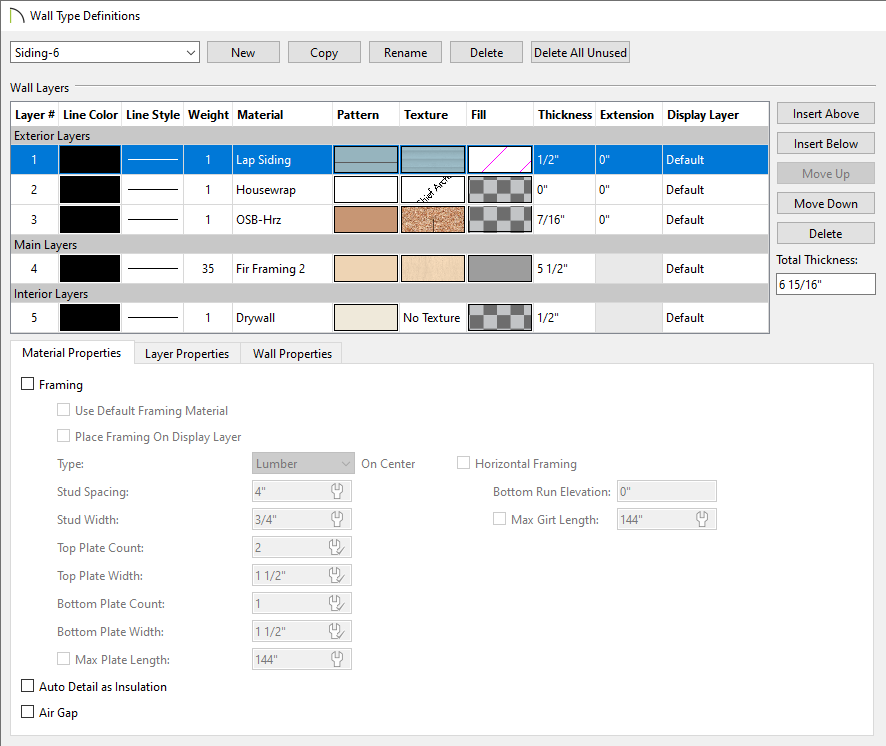 Wall Type Definitions dialog