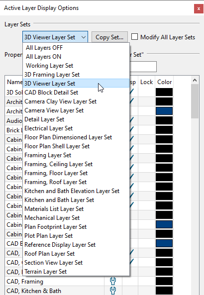 Selecting the 3D Viewer Layer Set from the layer set drop-down in the ALDO