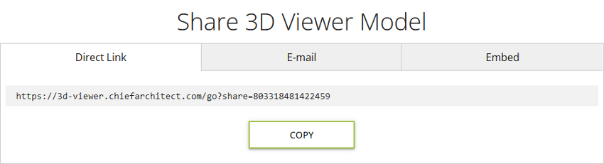 Direct Link tab selected for sharing a 3D Viewer model file