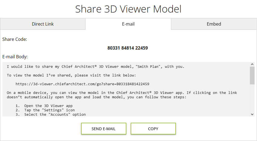 E-mail tab selected for sharing a 3D Viewer model file