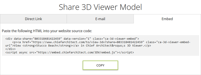 Embed tab selected for sharing a 3D Viewer model file