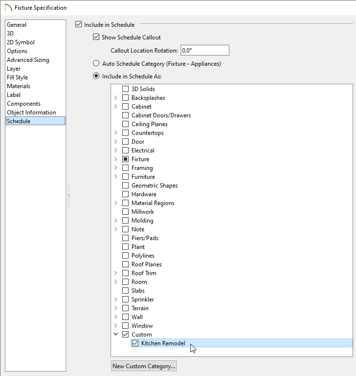 Fixture Specification dialog on the Schedule panel choosing to include it in the custom category