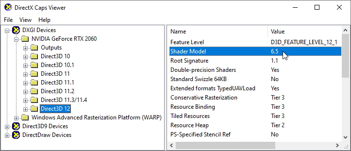 DirectX Caps Viewer utility with the Direct3D 12 folder selected for the video card