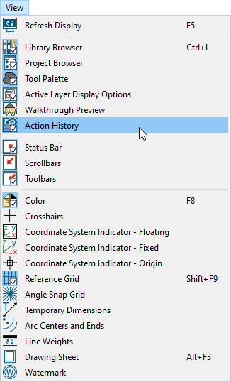 Navigating to View> Action History from the menu