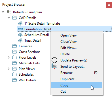 Right-click on a CAD detail and select Copy