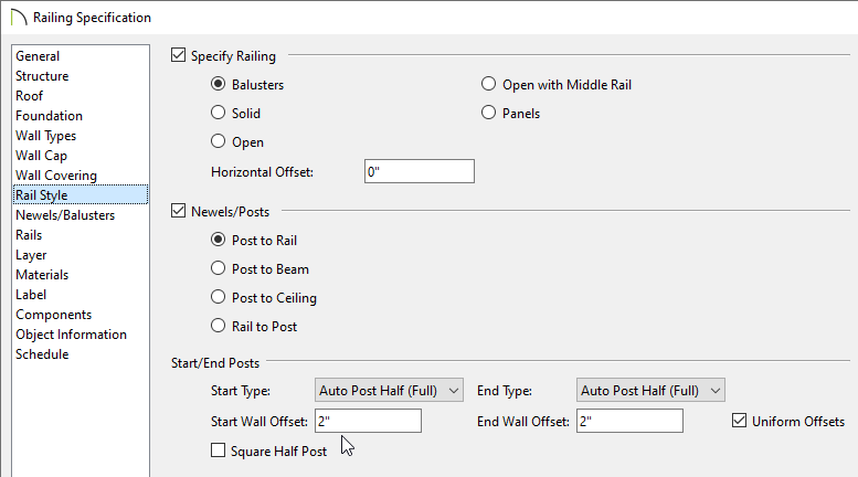 Offsetting the start and end posts of a railing on the Rail Style panel