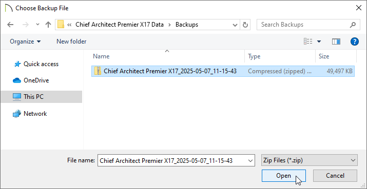 Choose Backup File dialog with a backup selected