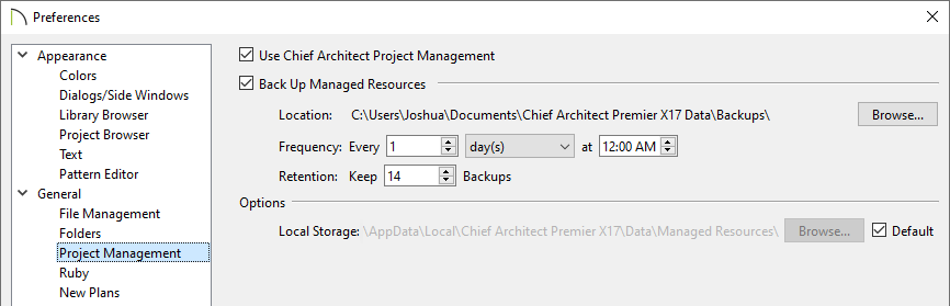 Project Management panel in Preferences