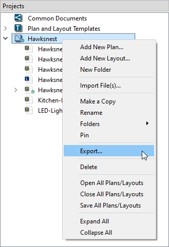 Contextual menu that appears when right-clicking on a project in X17
