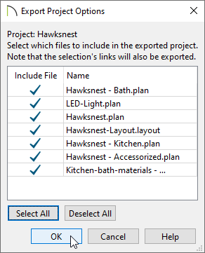 Export Project Options dialog where files can be included or excluded for the export