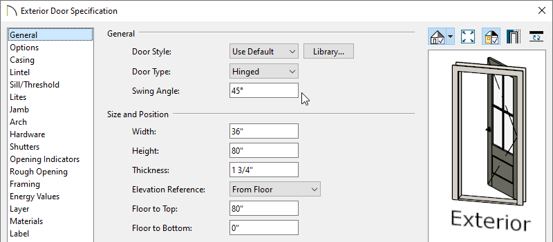 General panel of the Door Specification where the Swing Angle can be adjusted