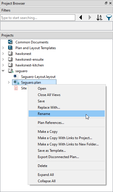 Contextual menu options when right-clicking on a plan or layout