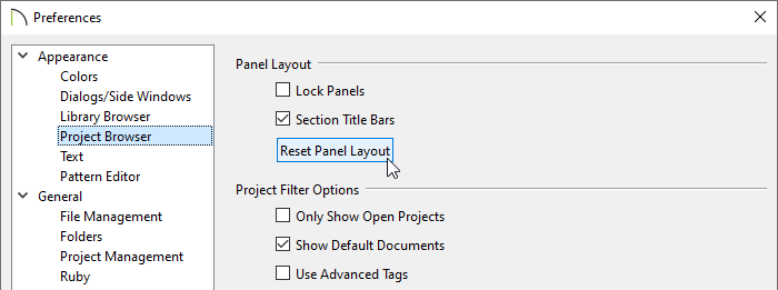 Project Browser panel of Preferences where the Reset Panel Layout button is located