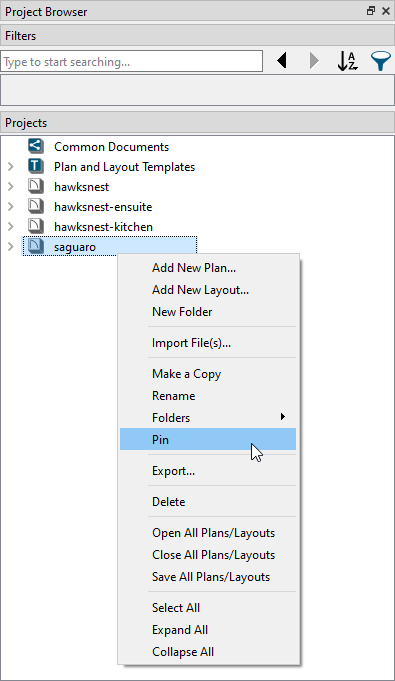Contextual menu options when right-clicking on a project