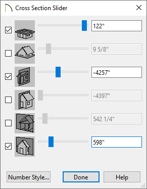 Cross Section Slider dialog with several cutting planes enabled