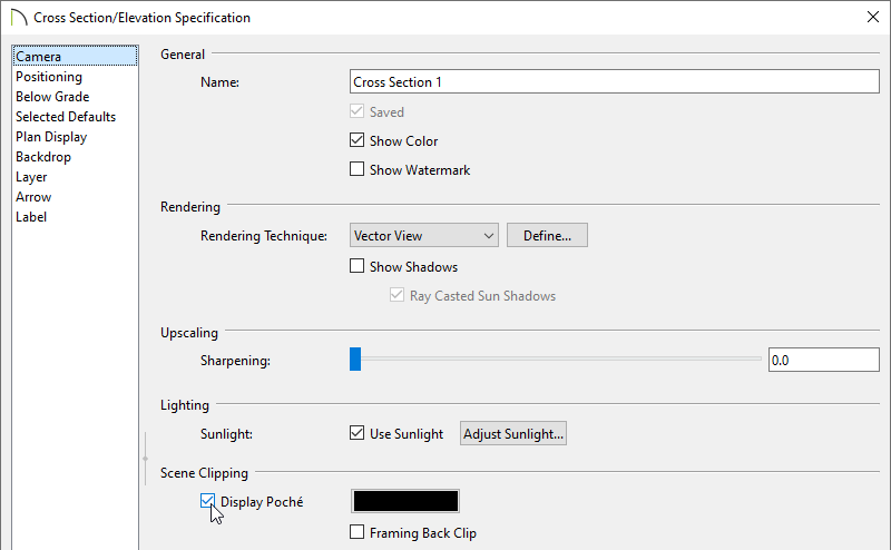 Camera panel of the Cross Section/Elevation Specification dialog