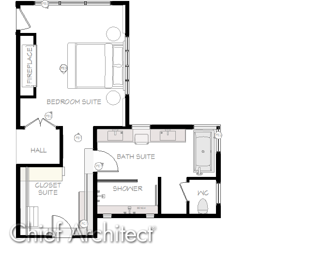 Plan view displaying a bedroom, bathroom, and closet with poche enabled Plan view image of the Hawksnest Ensuite sample plan