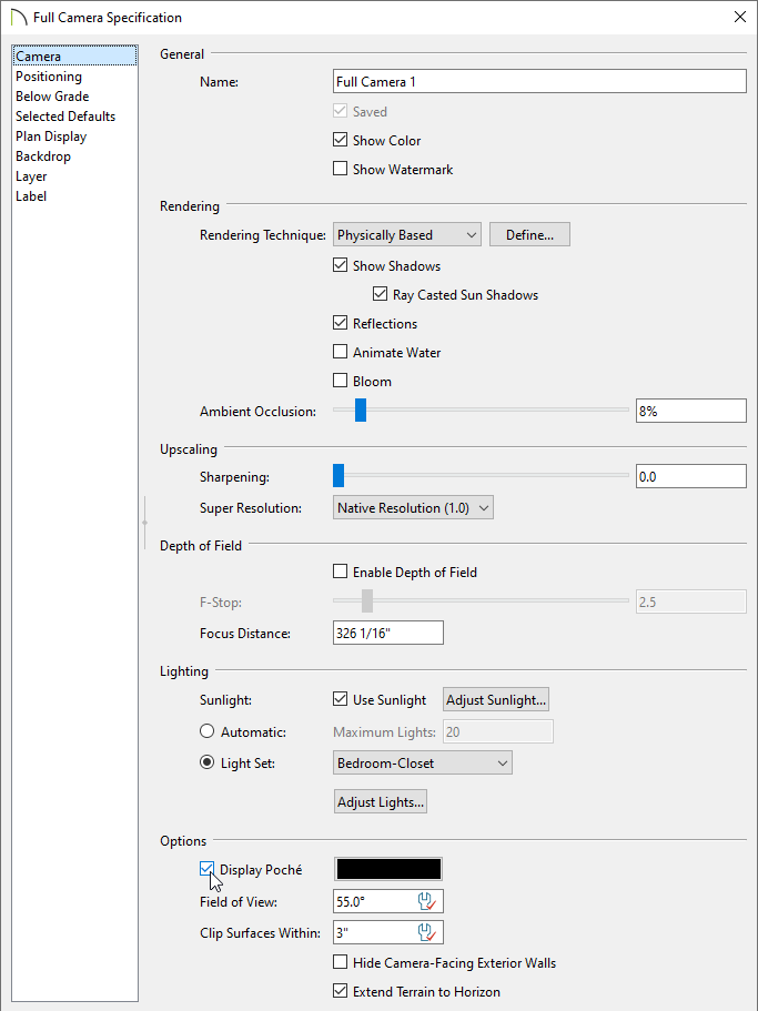 Camera panel of the Full Camera Specification dialog