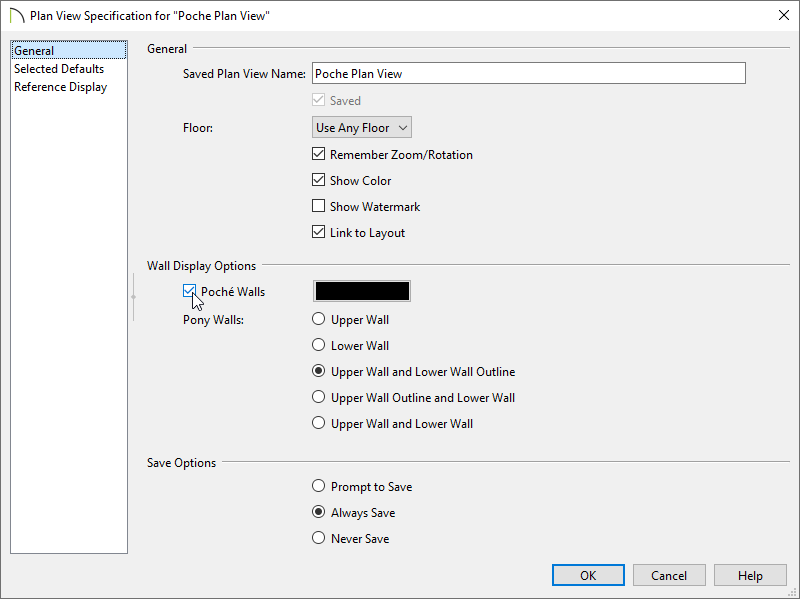 General panel of the Plan View Specification dialog