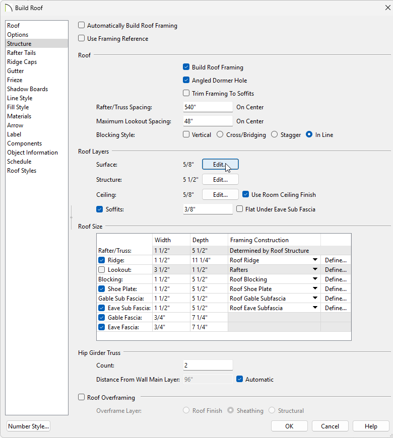 Build Roof dialog on the Structure panel with Build Roof Framing checked and clicking on the Surface Edit button