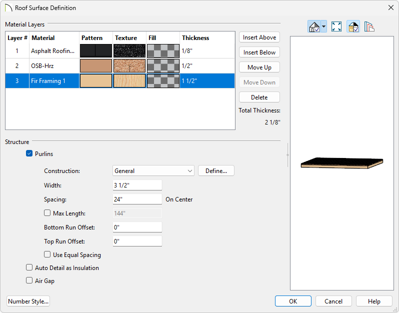 Roof Surface Definition dialog with Fir Framing purlins