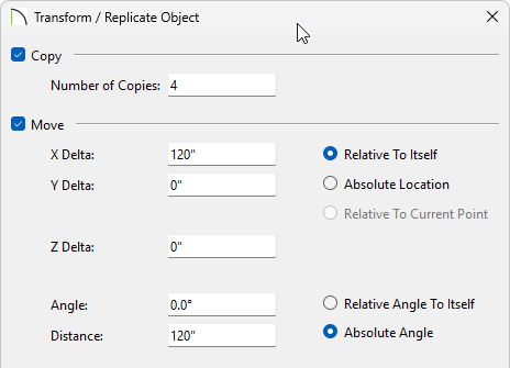 Transform/Replicate Object dialog showing four copies and moving them on the X delta 120 inches