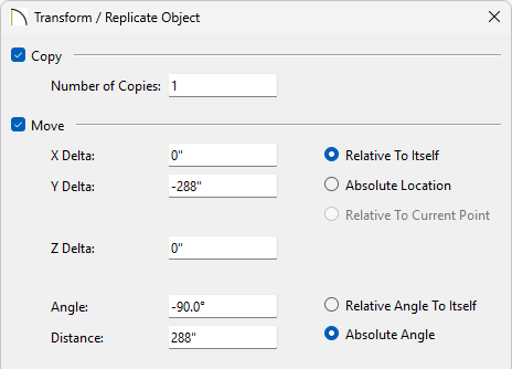 Transform/Replicate Object dialog showing one copy and moving it on the Y delta negative 288 inches