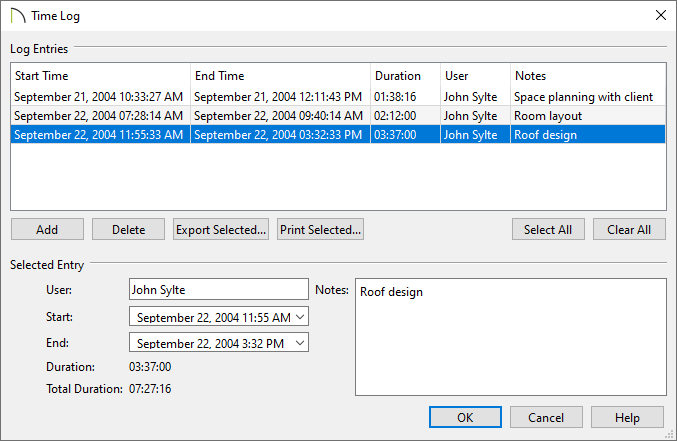 Viewing the time log
