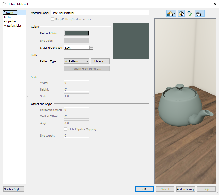 Pattern panel of the Define Material dialog