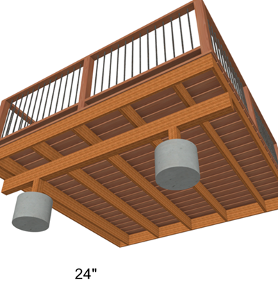 Deck post footings 24" above terrain.
