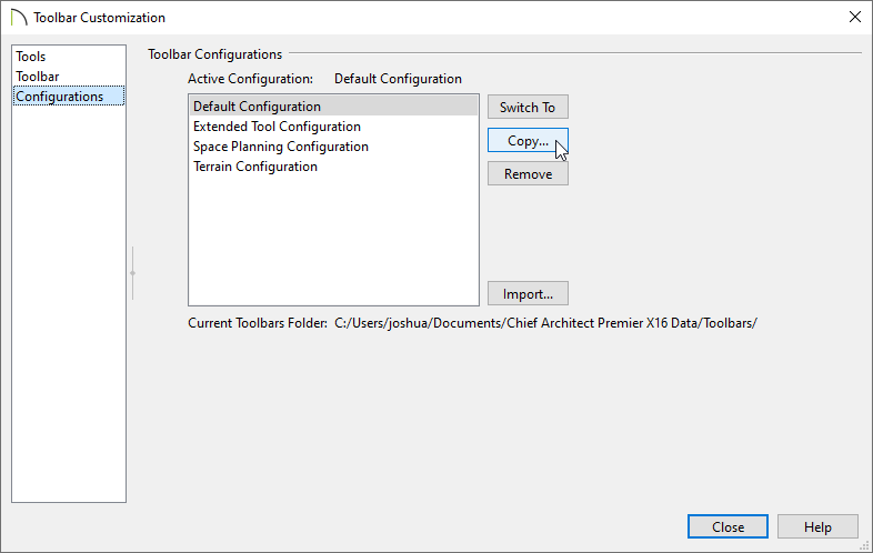 Copy a configuration to create a custom toolbar configuration