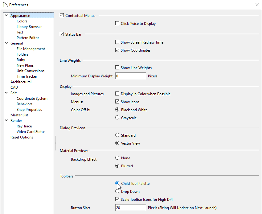 Select Child Tool Palette button in Preferences to switch from dropdowns