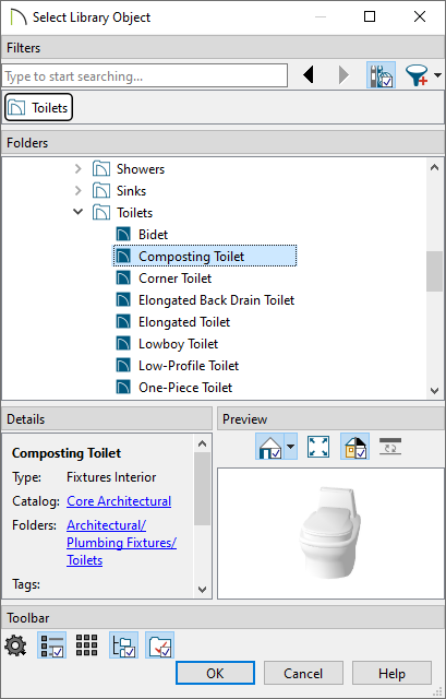 Select library object dialog choosing the composting toilet