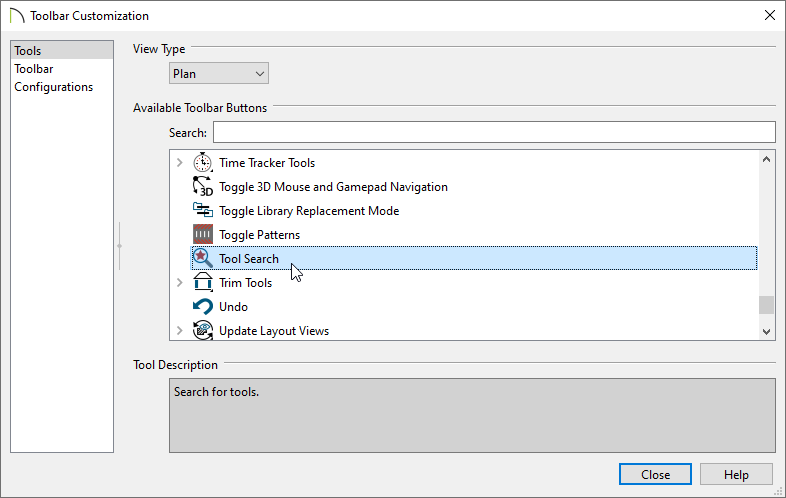 Locating the Tool Search button in the Toolbar Customization dialog