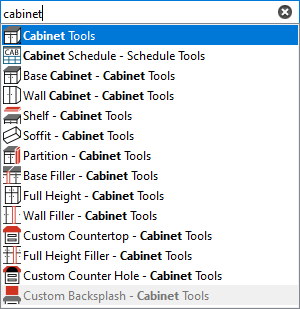 Searching for "cabinet" in the Tool Search