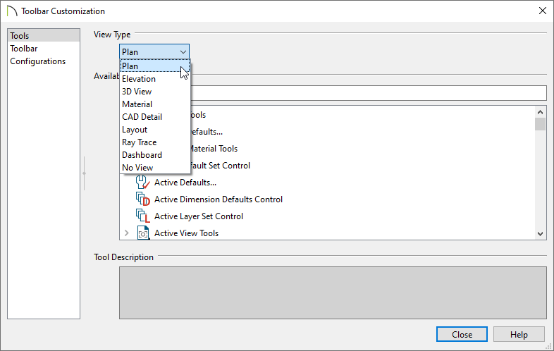 Select the view type to see the different available buttons