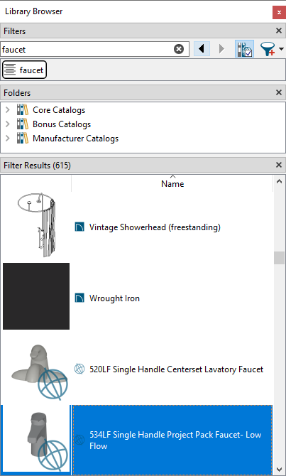 Searching for "faucet" in the Library Browser