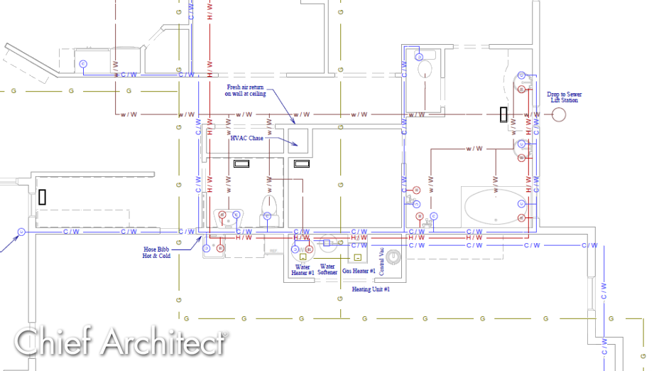 Floor plan view of CAD lines representing gas, HVAC, and plumbing lines